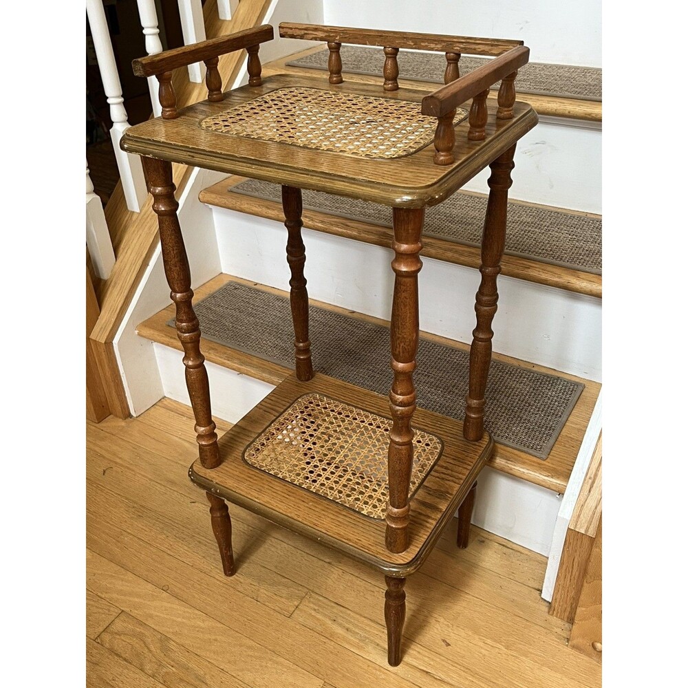 Vintage 1970’s Retro Wooden Two-Tier Plant Stand With Cane Shelves / Boho Chic